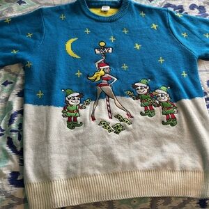 Novelty North Pole Elf & Showgirl Sweater in blue & Cream